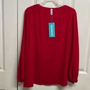 Wangzhi Classic Red Long Sleeve V Neck Top Size M NWT